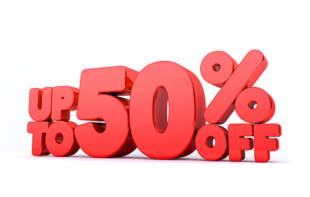 Up to 50% off 3D renderred word isolated in white background for discount and sale